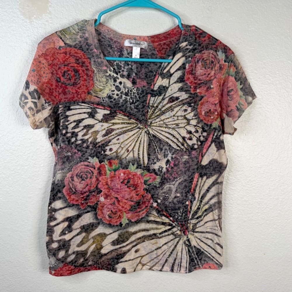 Dress Barn Women's Top Multicolor Sz M Y2K Butterfly Roses Rhinestones Fairy